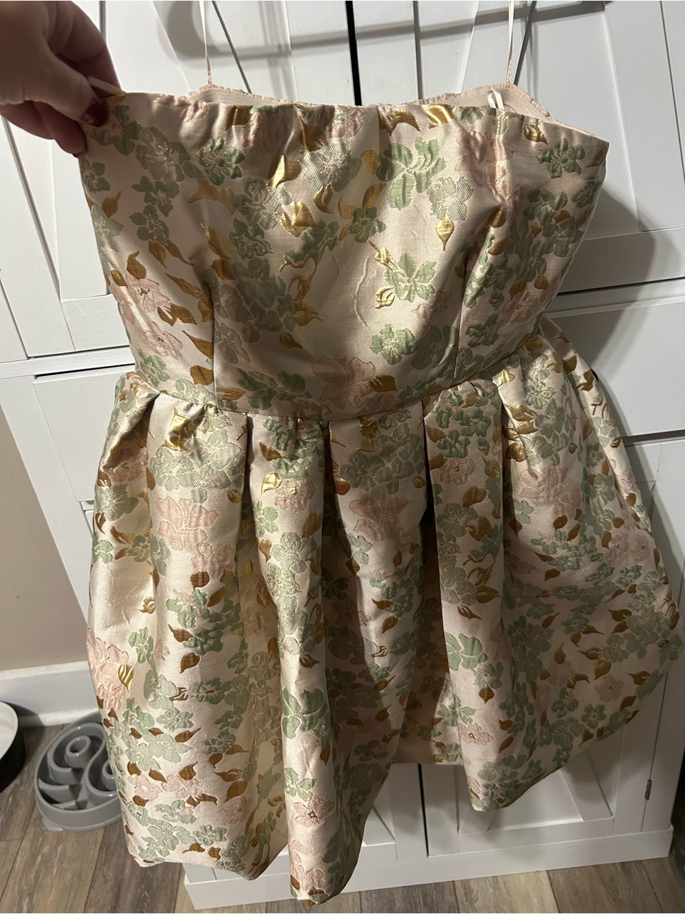 Aqua Strapless Floral Jacquard Dress in Pale Pink, Sage & Gold